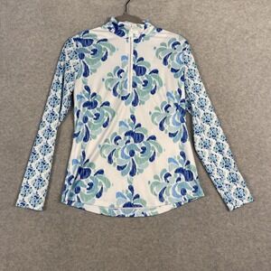 Whimsy Rose Sun Safe UPF 1/4 Zip Top Womens S Blue Damask Coastal Resort Travel